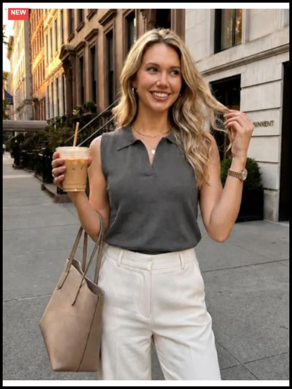 Sleeveless V-Neck Polo Sweater Lightweight Ribbed Knit Business Casual Top